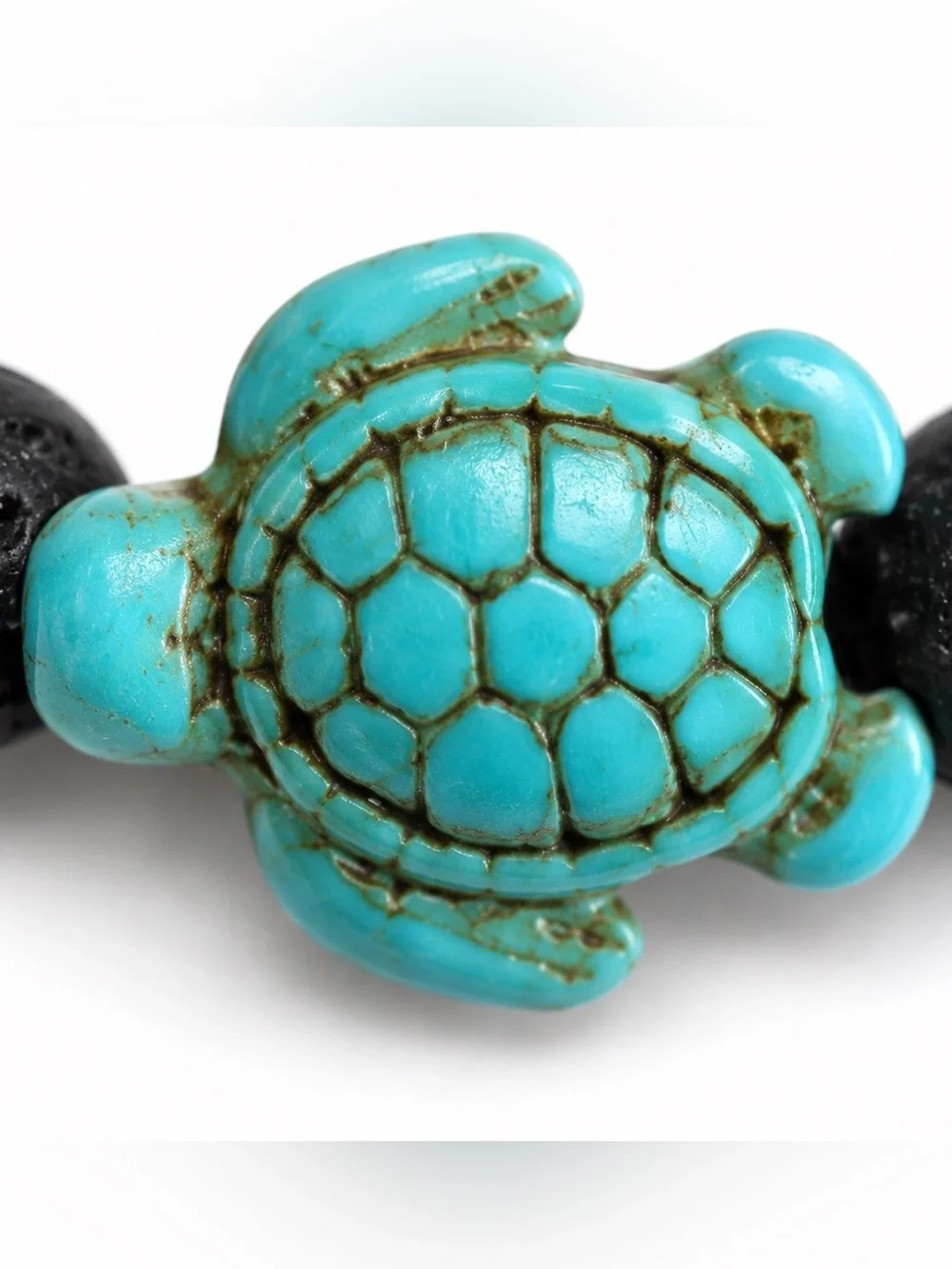 Black Lava Stone Bead Bracelet Blue Sea Turtle Stretch Beach Boho Unisex